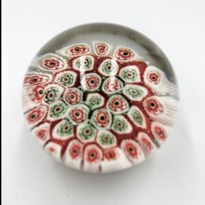 Art Glass Millefiori Paperweight  Green Red White